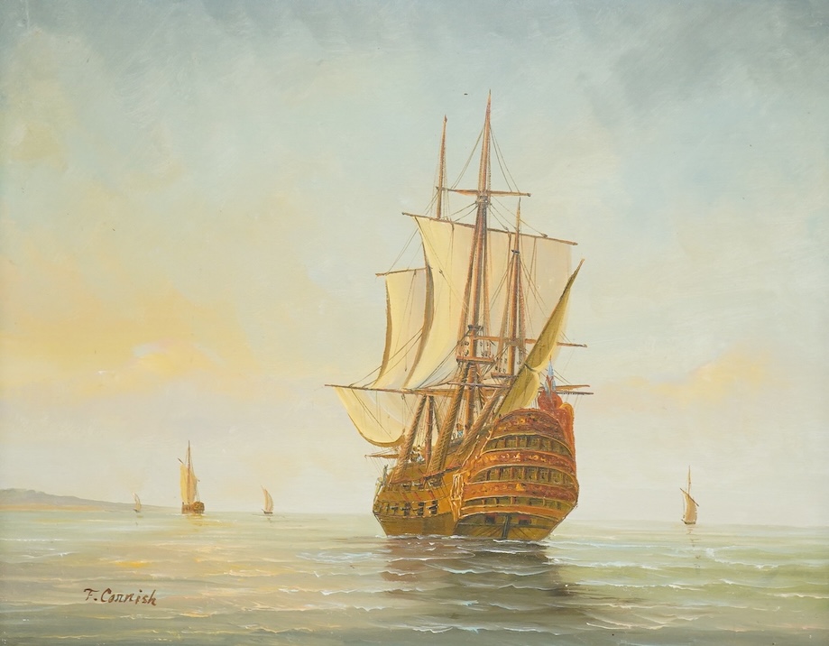 F. Cornish, Galleon at sea, signed, decorative oil on canvas, 39 x 49cm